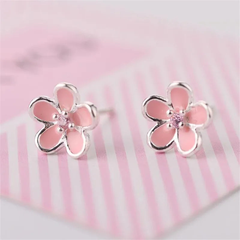 Brinco Flor 5 Pétalas Rosa Arredondada - Prata 925