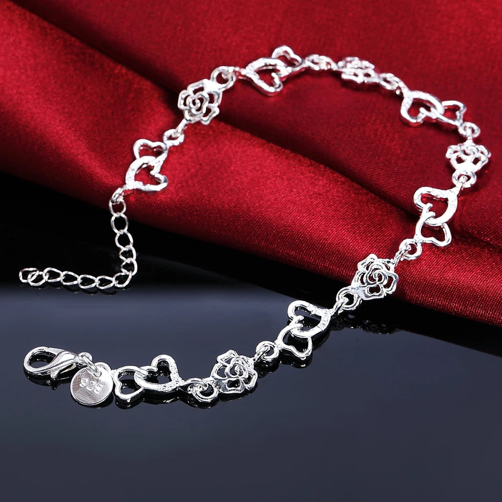 Pulseira Elos Flor e Coração - Prata 925