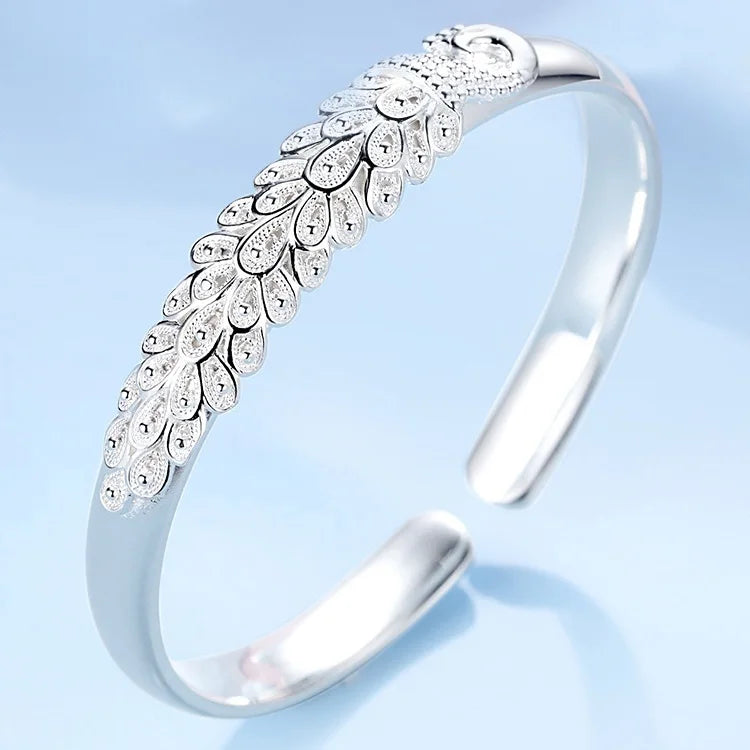 Bracelete Penas de Pavão Cravejado Ajustável  - Prata 925