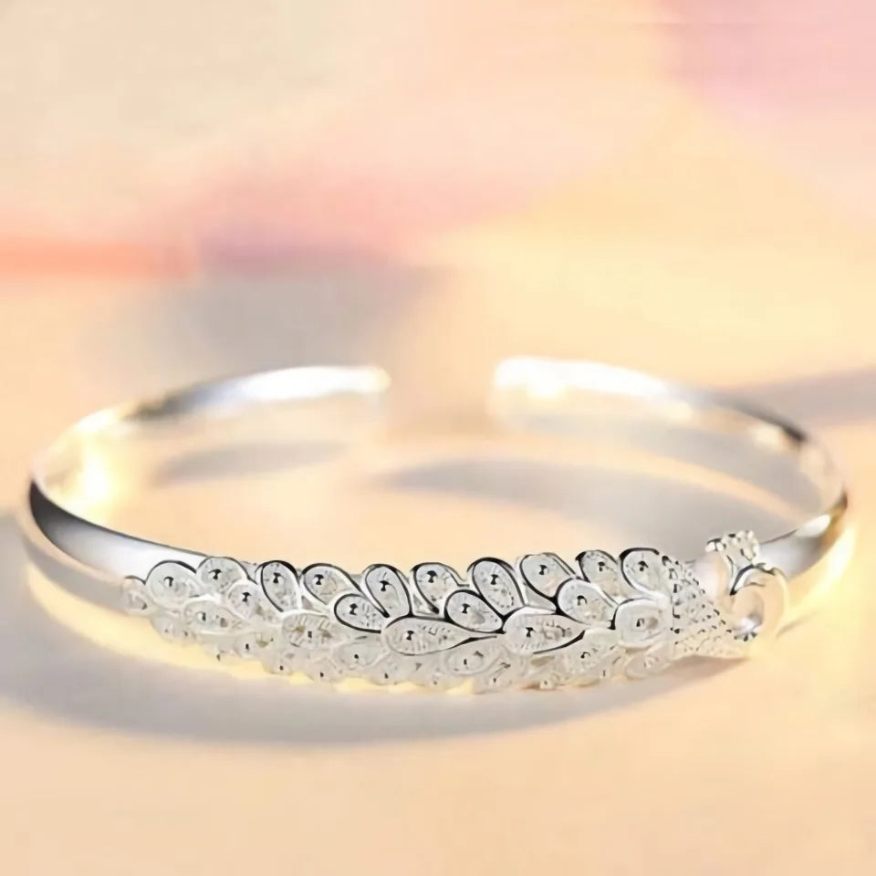 Bracelete Penas de Pavão Cravejado Ajustável  - Prata 925