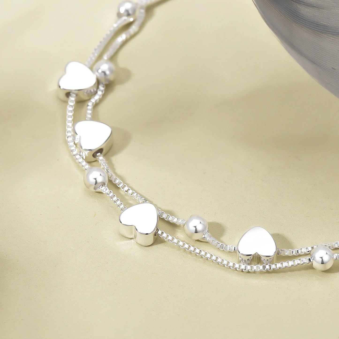 Pulseira Dupla com Bolinhas e Corações lisos - Prata 925