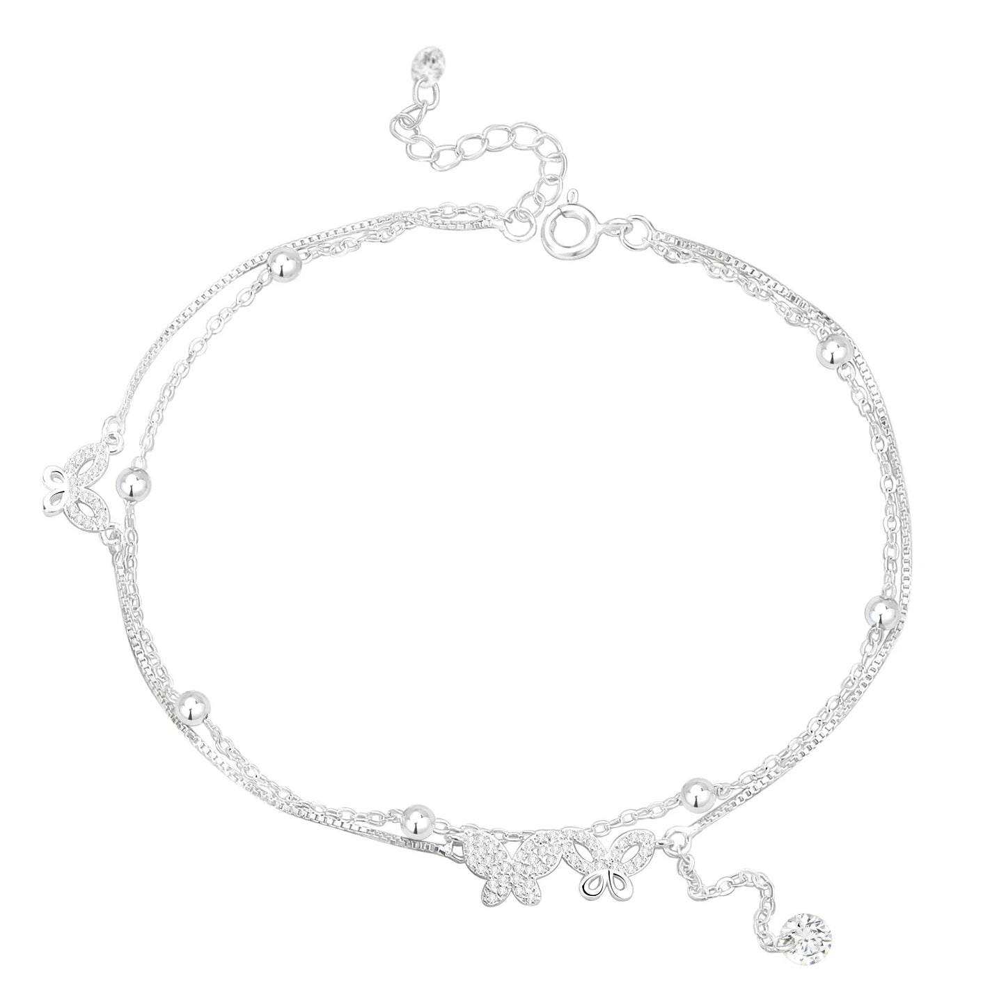 Pulseira Dupla 2 Borboletas Cravejadas - Prata 925