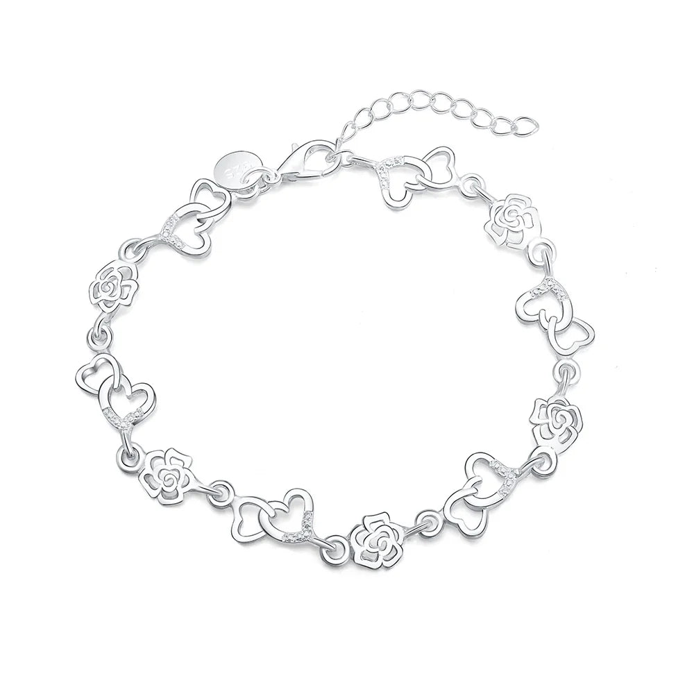 Pulseira Elos Flor e Coração - Prata 925