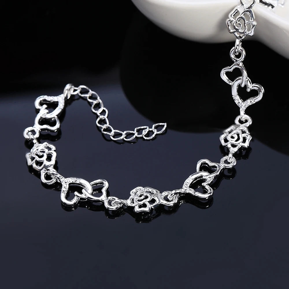 Pulseira Elos Flor e Coração - Prata 925