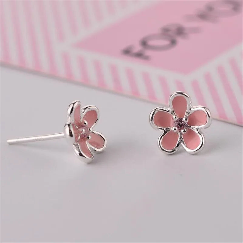 Brinco Flor 5 Pétalas Rosa Arredondada - Prata 925