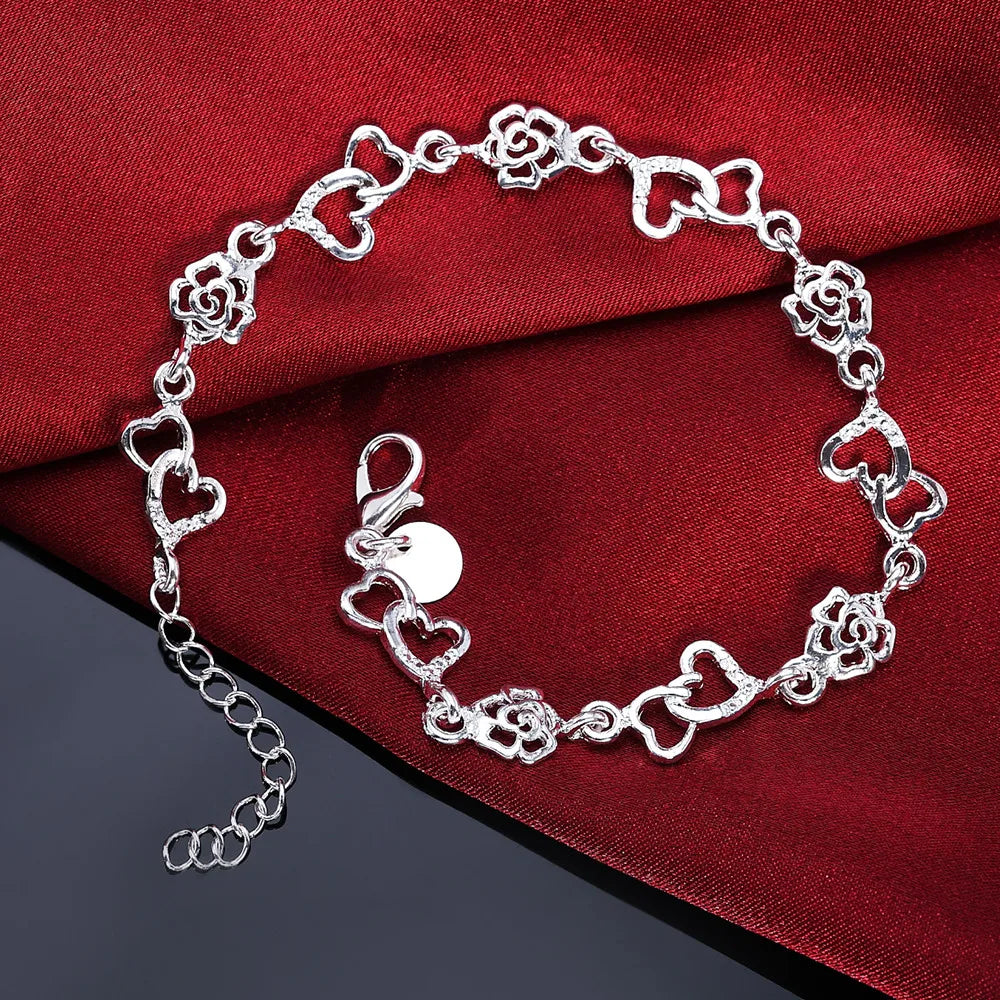 Pulseira Elos Flor e Coração - Prata 925