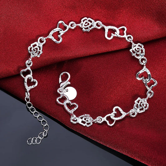 Pulseira Elos Flor e Coração - Prata 925