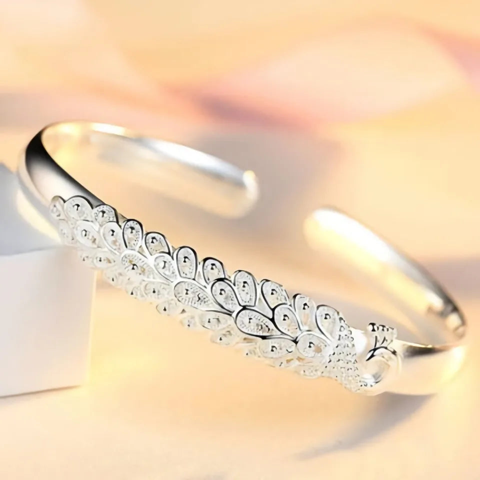 Bracelete Penas de Pavão Cravejado Ajustável  - Prata 925