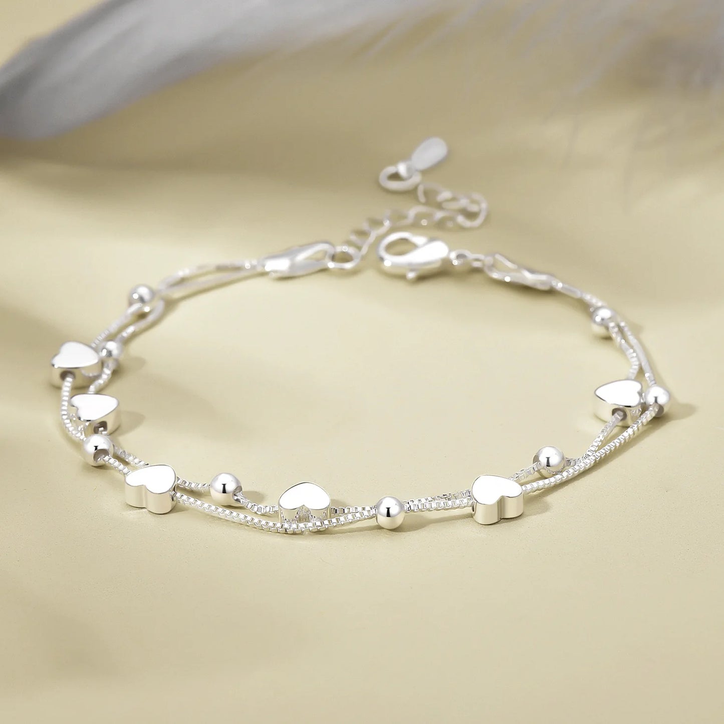 Pulseira Dupla com Bolinhas e Corações lisos - Prata 925