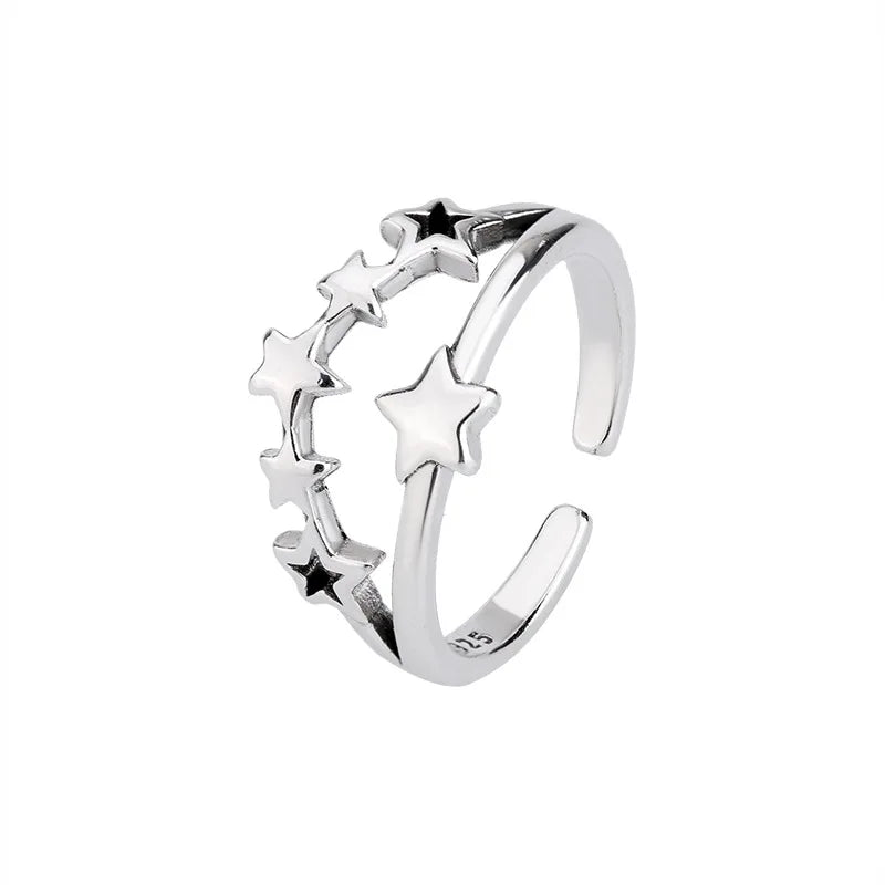 Anel Duplo Estrelas Ajustável- Prata 925