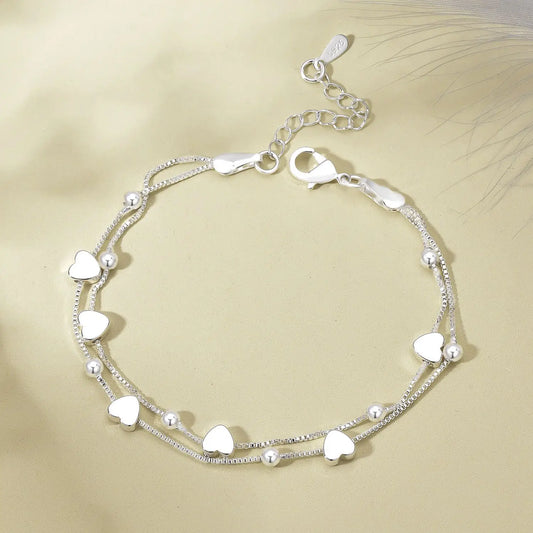 Pulseira Dupla com Bolinhas e Corações lisos - Prata 925