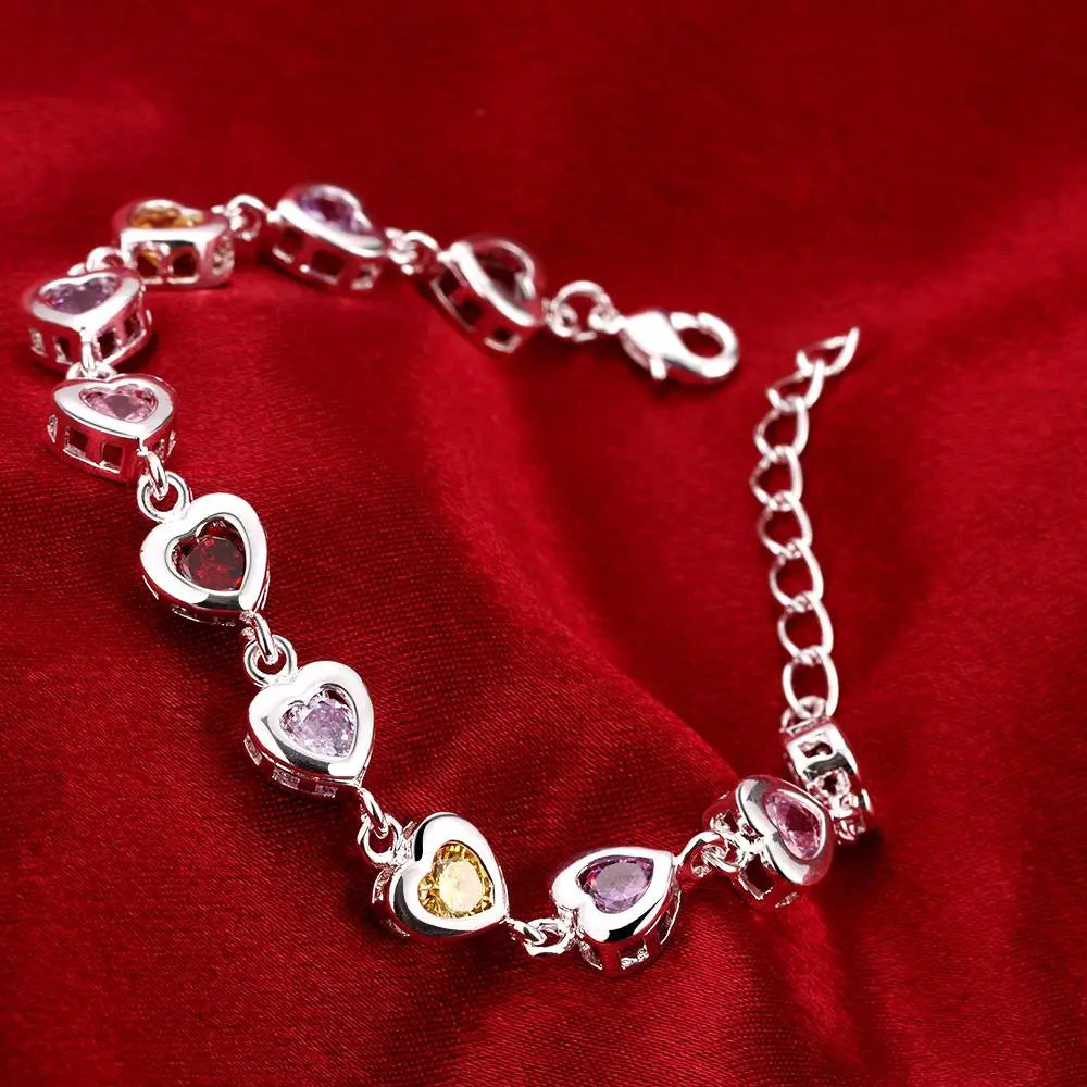Pulseira Corações Coloridos - Prata 925