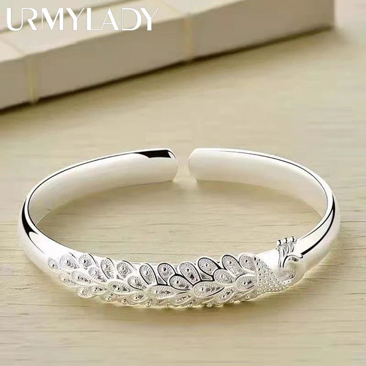 Bracelete Penas de Pavão Cravejado Ajustável  - Prata 925