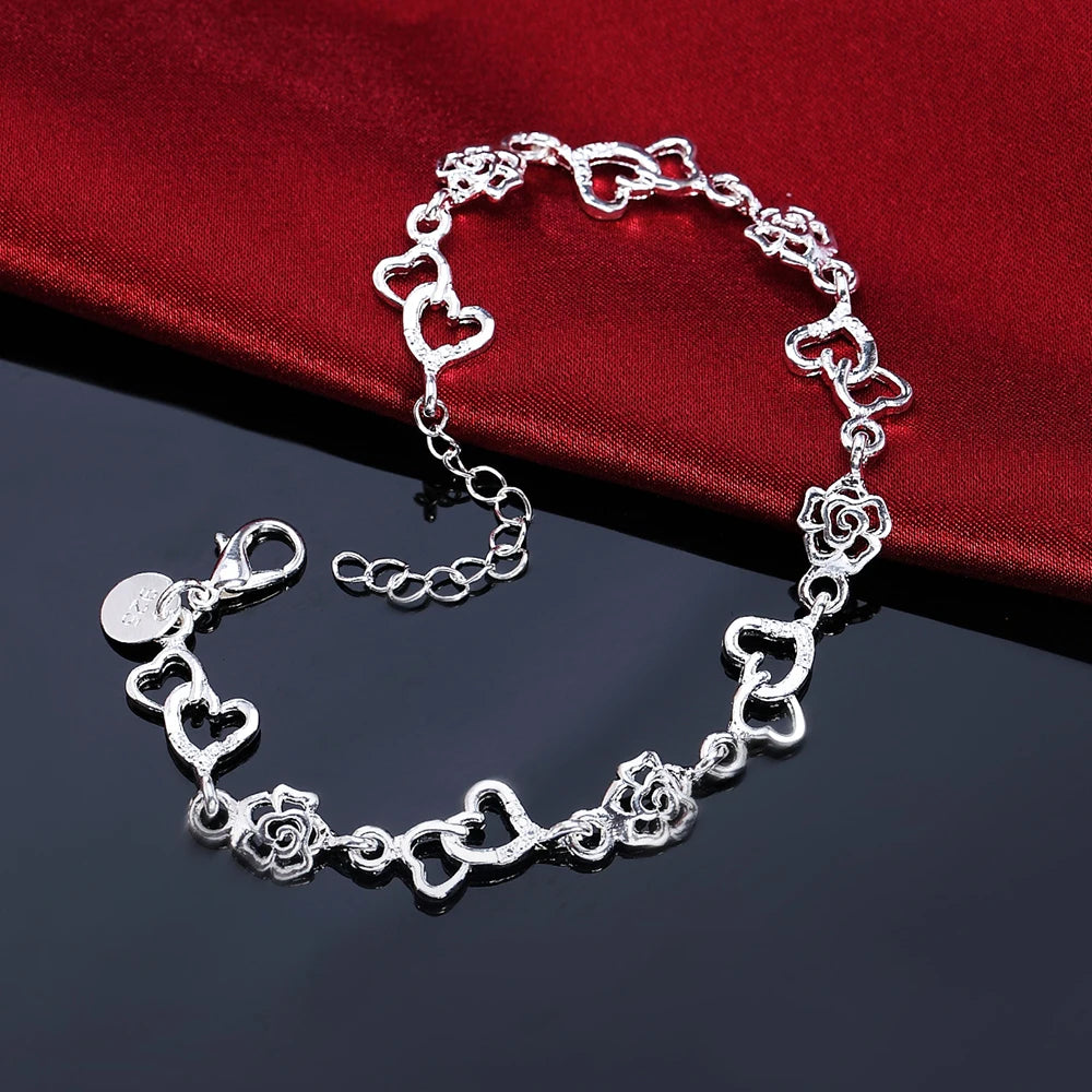 Pulseira Elos Flor e Coração - Prata 925