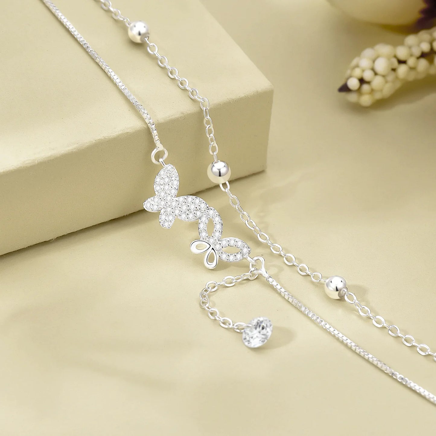 Pulseira Dupla 2 Borboletas Cravejadas - Prata 925