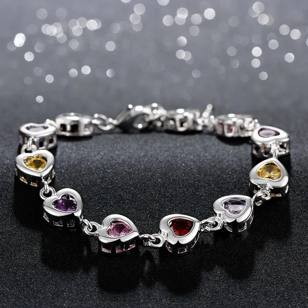 Pulseira Corações Coloridos - Prata 925