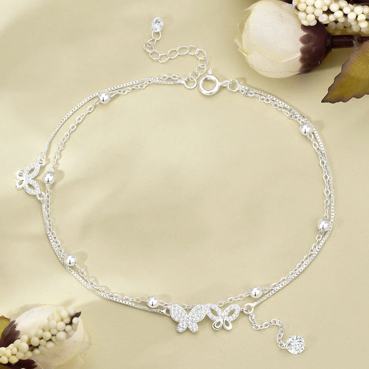 Pulseira Dupla 2 Borboletas Cravejadas - Prata 925