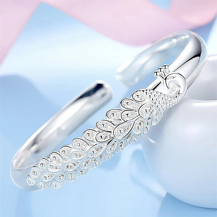 Bracelete Penas de Pavão Cravejado Ajustável  - Prata 925
