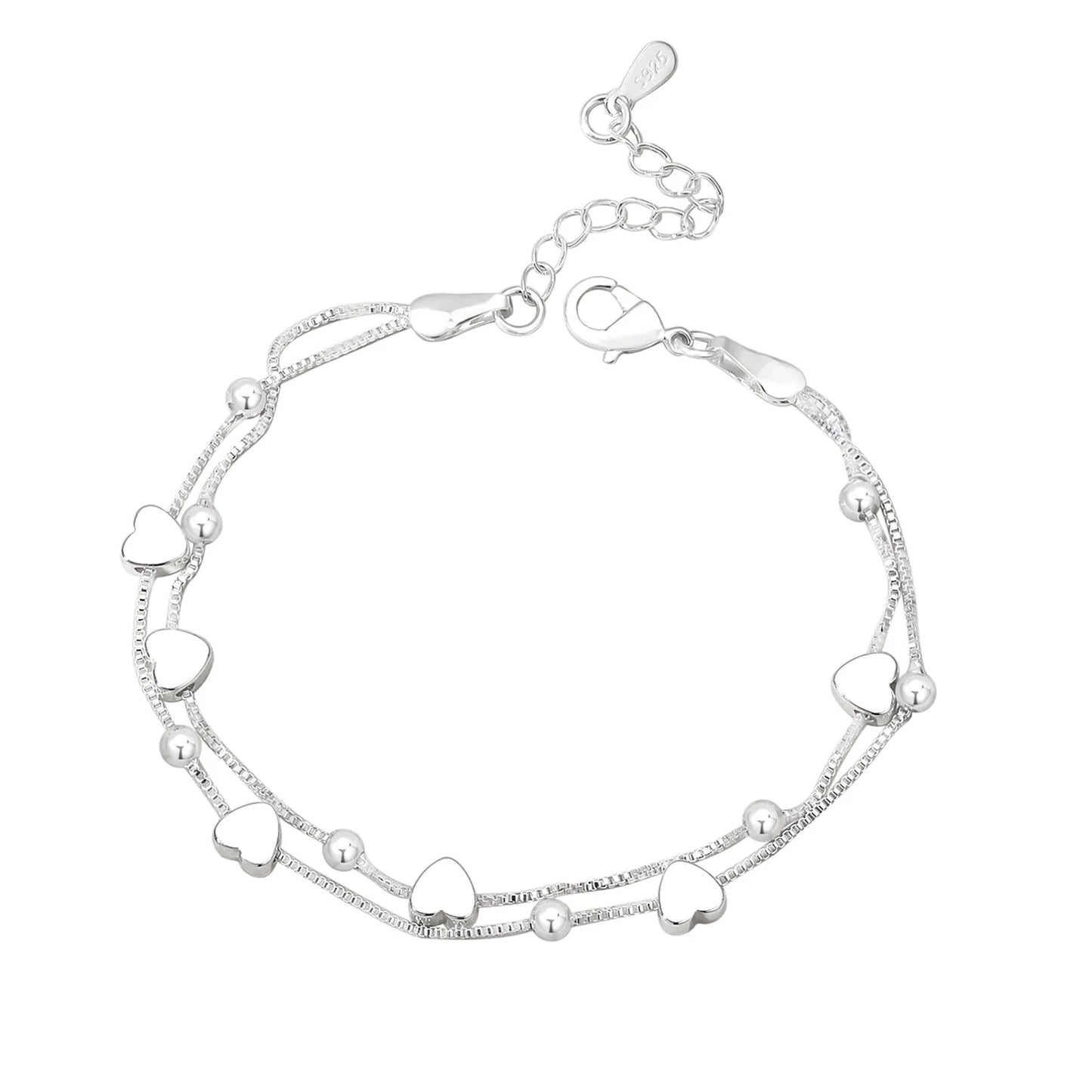 Pulseira Dupla com Bolinhas e Corações lisos - Prata 925