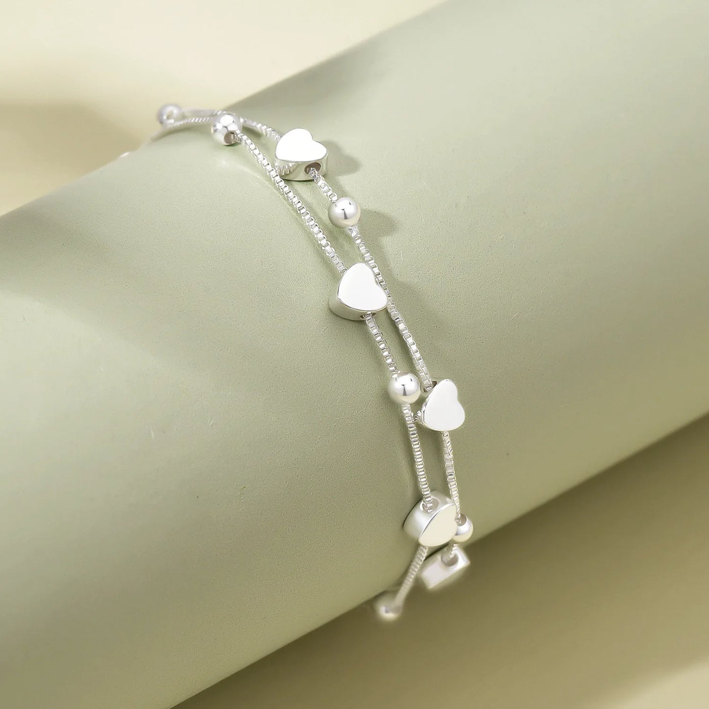 Pulseira Dupla com Bolinhas e Corações lisos - Prata 925