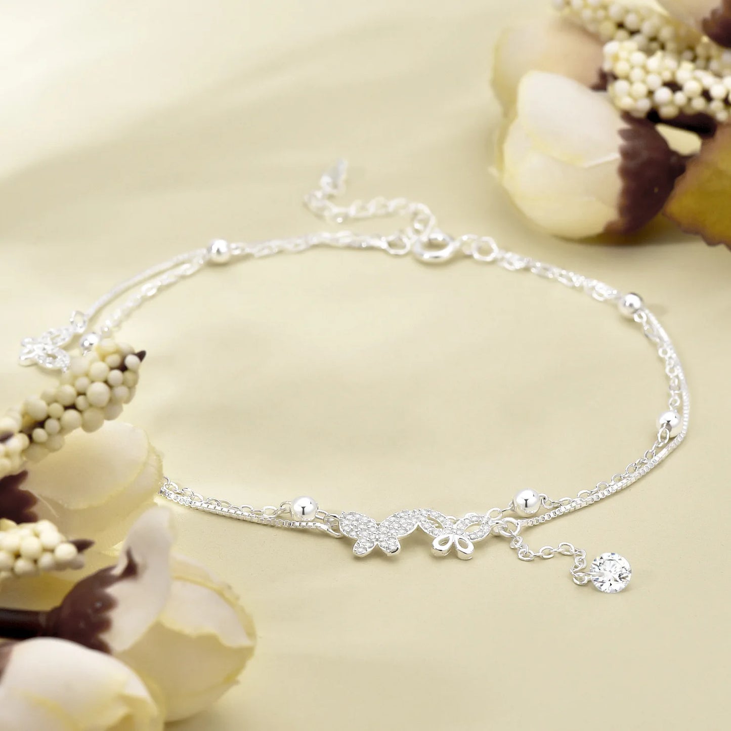 Pulseira Dupla 2 Borboletas Cravejadas - Prata 925