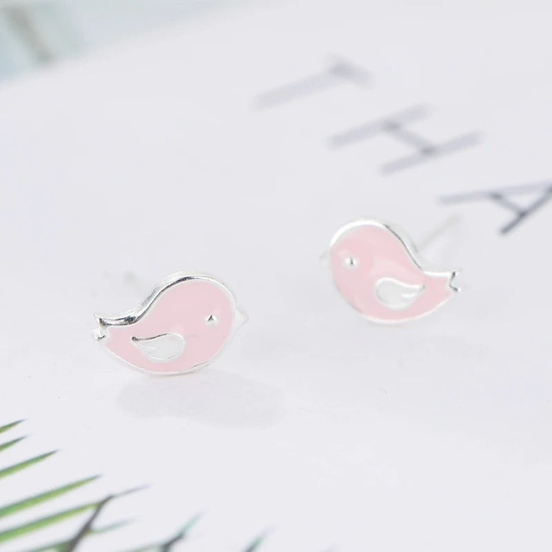 Brinco Pássaro Rosa - Prata 925