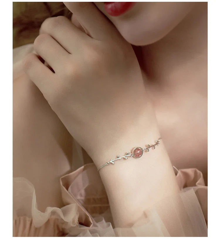 Pulseira Esfera Rose com Raminhos - Prata 925