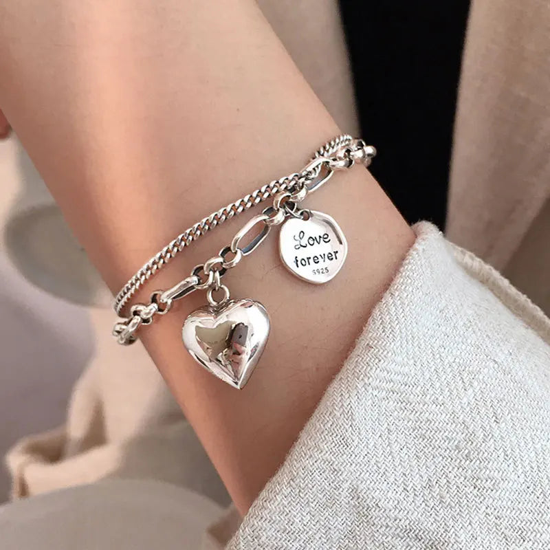 Pulseira Dupla Coração Liso Love Forever - Prata 925