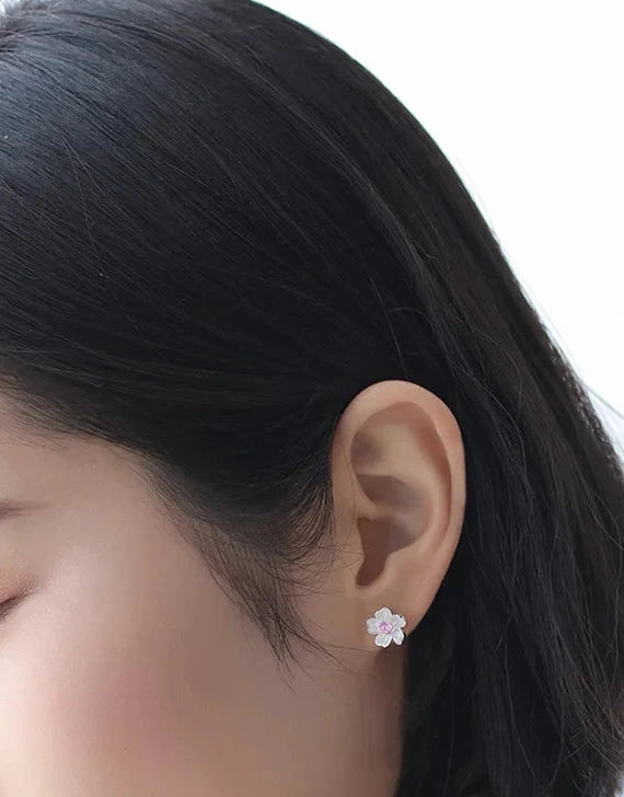 Brinco Flor Miolo Rosa 5 Pétalas Ponto - Prata 925