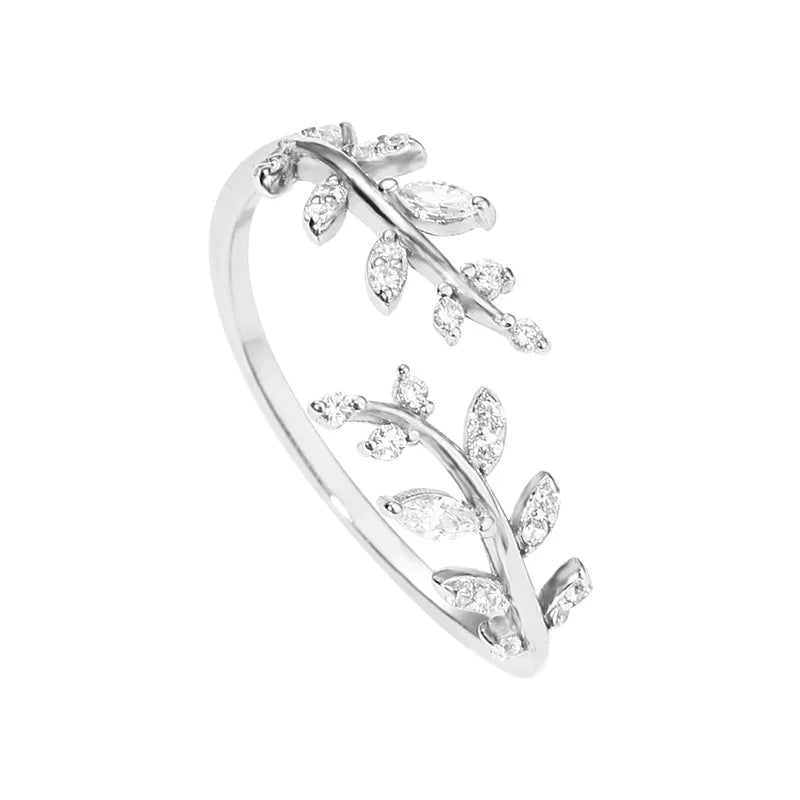 Anel Raminho Cravejado Ajustável- Prata 925