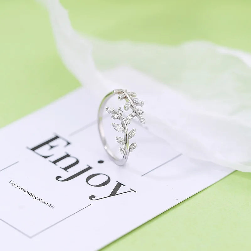 Anel Raminho Cravejado Ajustável- Prata 925