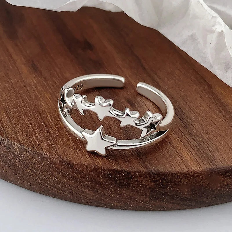 Anel Duplo Estrelas Ajustável- Prata 925