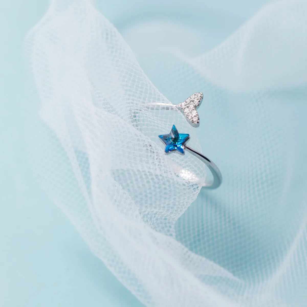 Anel Regulável Cauda Cravejada e Estrela do Mar Azul - Prata 925